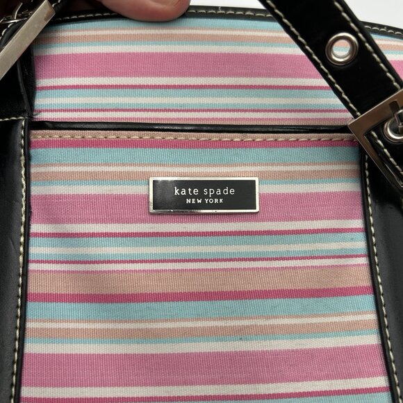 VINTAGE KATE SPADE NY Striped Satchel Pink Blue Coated Canvas Black Trim - RARE - Picture 6 of 16